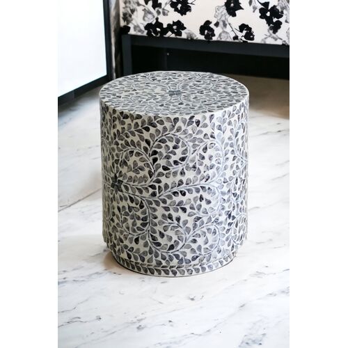 MOTHER OF PEARL SWIRLING LEAF CREAM SIDE TABLE/STOOL