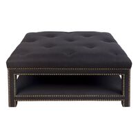 Serena Tufted Square Ottoman - Black Linen