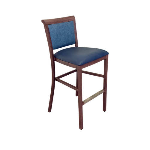 Hudson bar stool Chair. Faux Leather Seat. Backrest in Blue fabric