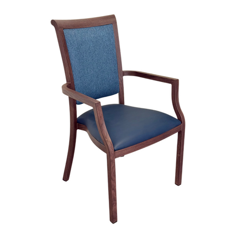 Harvey Dining Chair Stackable. Faux Leather Seat. Backrest in Blue fabric