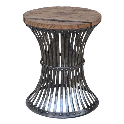 INVERTED WOOD AND IRON STOOL