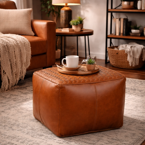 SQUARE LATTICE LEATHER OTTOMAN
