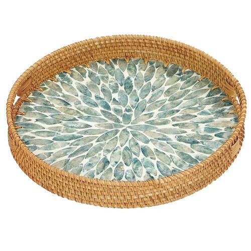 MOTHER OF PEARL ROUND RATTAN TRAY FLORAL