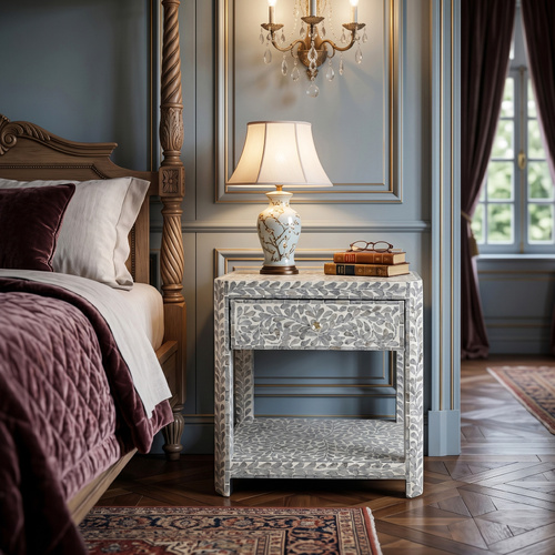 PEARL FLORA MOTHER OF PEARL INLAY BEDSIDE