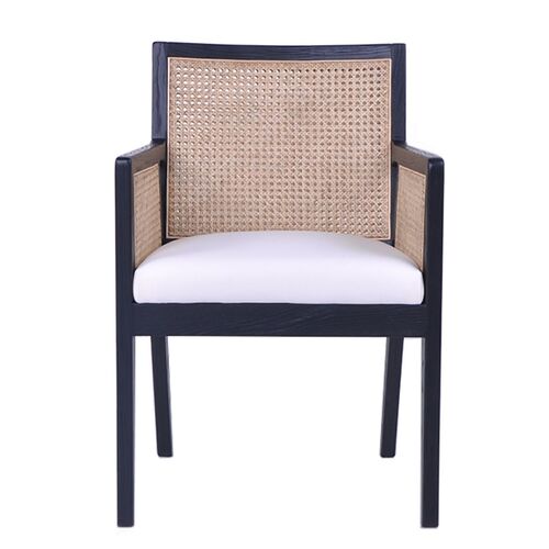 Kane Rattan Black Carver Dining Chair - White Linen