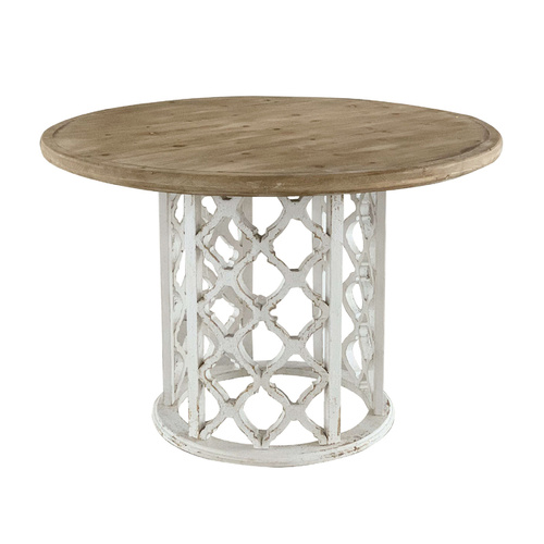 Lattice Farmhouse Dining Table ( Flat Pack For transport) Aged Plywood top and a round pedestal base embellished with mesmerizing cut-out patterns.