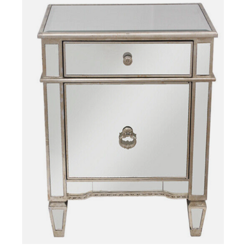 Mirrored Bedside Cabinet Antique 1 Door 1 Drawer Champagne trim. Last one, floor stock left, half price.