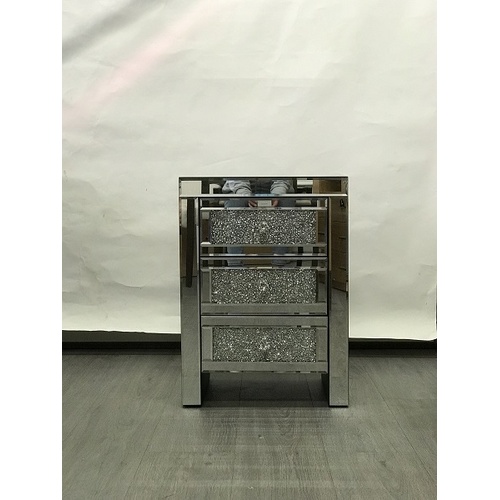 Mirrored Bedside with 3 Sparkling drawers. Last one, floor stock left, half price.