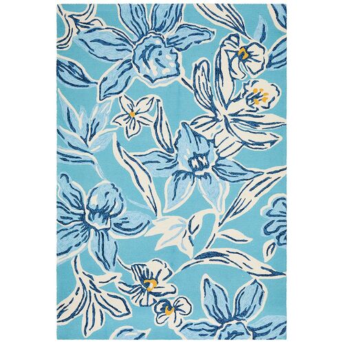Whimsical Blue Floral Indoor Outdoor Rug
