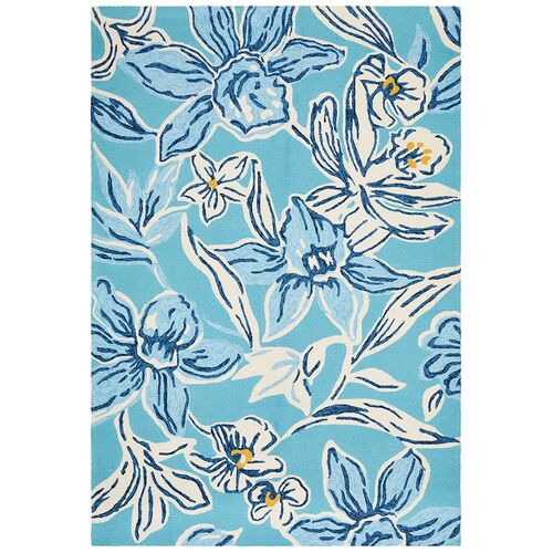 Whimsical Blue Floral Indoor Outdoor Rug