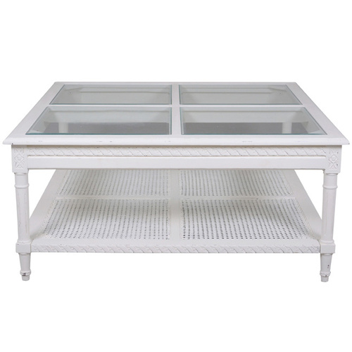 Polo Square Coffee Table White Flat Packed 110. Hamptons style white coffee table with rattan shelf and elegant 4 panel glass top